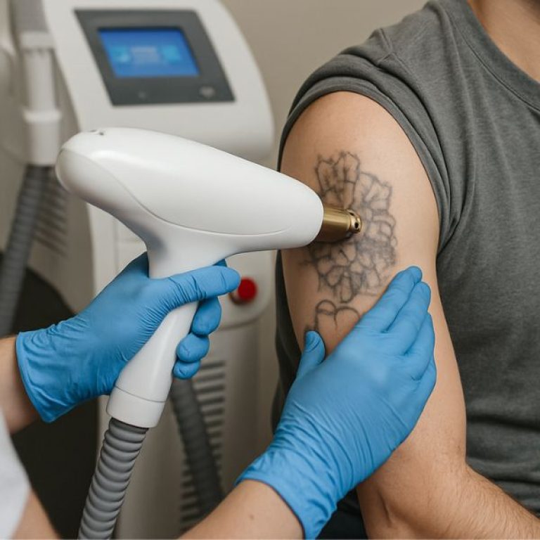 a man receiving a laser tattoo removal at Sf Aesthetics Clinic, Daventry.