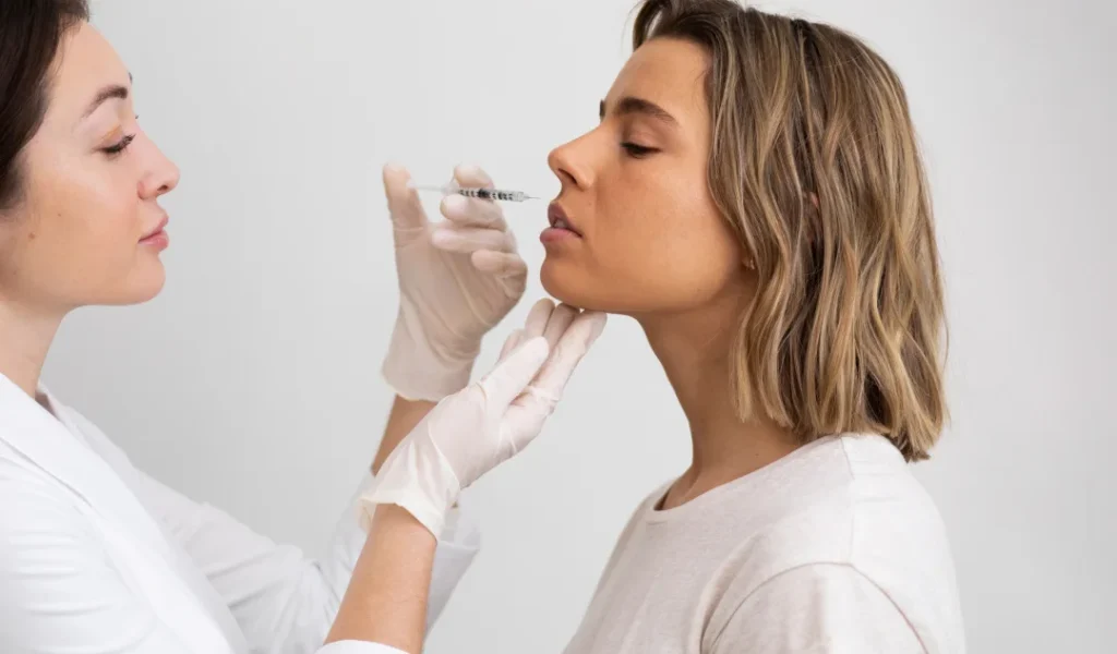 a lady receiving dermal filler treatment in a clinic